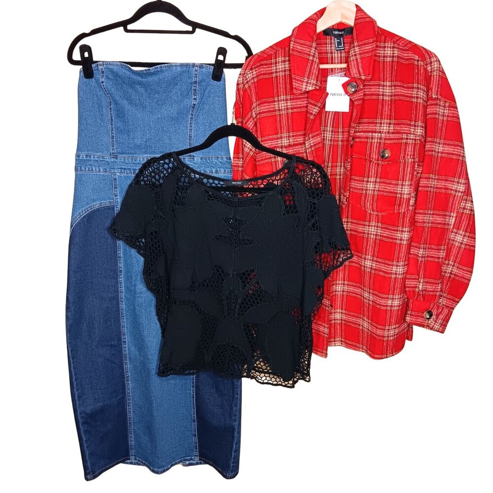 Forever 21 Bundle Plaid Flannel Shacket Tube Top Denim Patchwork Midi Dress Knit